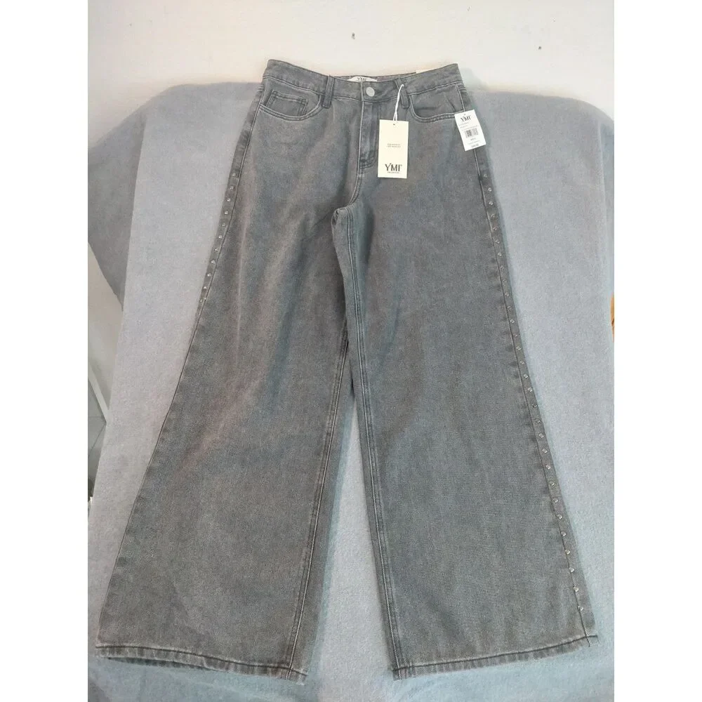 NWT YMI High Rise Wide Leg Studded Gray Jeans Size 9/29